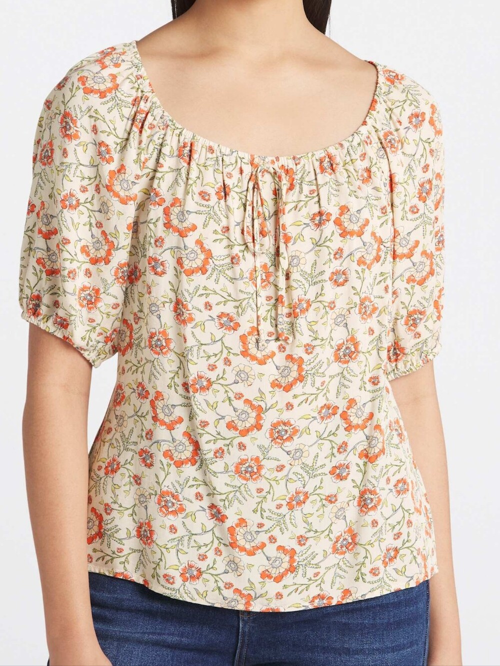 Women's Floral Scoop-Neck Peasant Blouse - Cream with Orange & Green Florals - S